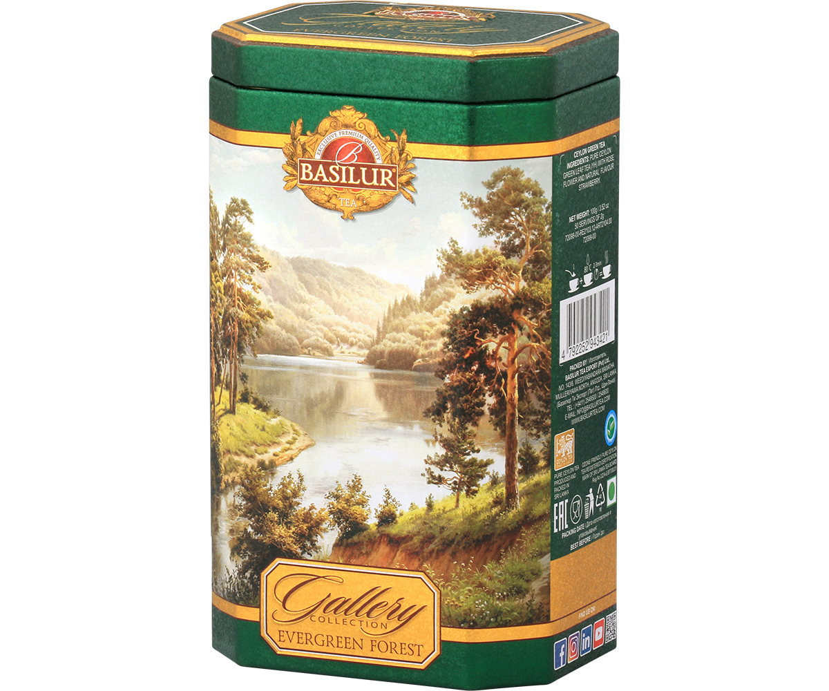 Puszka Basilur Evergreen Forest z ilustracją gór i rzeki – elegancka herbata zielona Ceylon.