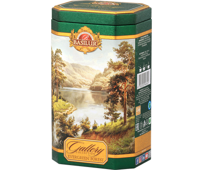 Puszka Basilur Evergreen Forest z ilustracją gór i rzeki – elegancka herbata zielona Ceylon.