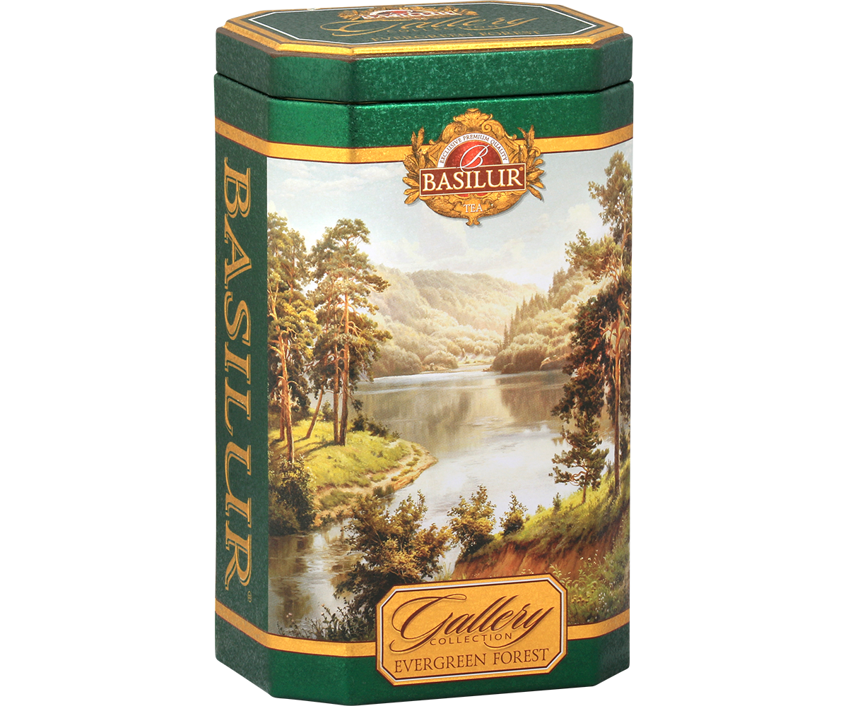 Zbliżenie na puszkę Basilur Gallery Collection Evergreen Forest – herbata premium w kolekcjonerskim opakowaniu.