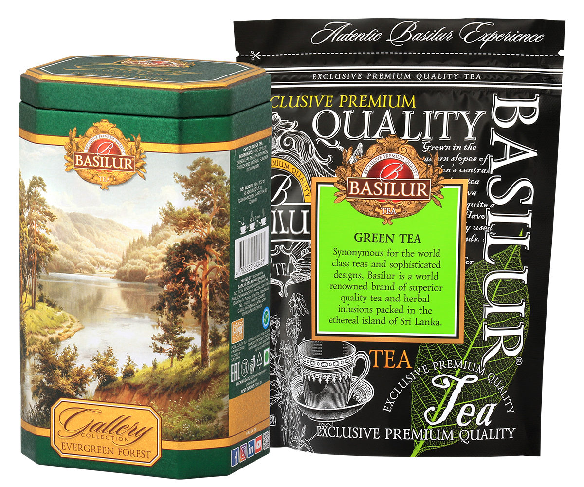 Zestaw Basilur Evergreen Forest z zieloną herbatą w torebce foliowej – herbata cejlońska najwyższej jakości.