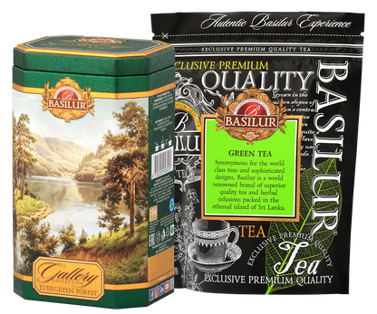 Zestaw Basilur Evergreen Forest z zieloną herbatą w torebce foliowej – herbata cejlońska najwyższej jakości.