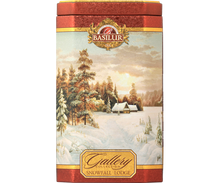 Herbata Basilur Snowfall Lodge w ozdobnej czerwonej puszce z zimowym pejzażem – czarna herbata cejlońska.