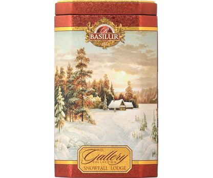 Herbata Basilur Snowfall Lodge w ozdobnej czerwonej puszce z zimowym pejzażem – czarna herbata cejlońska.