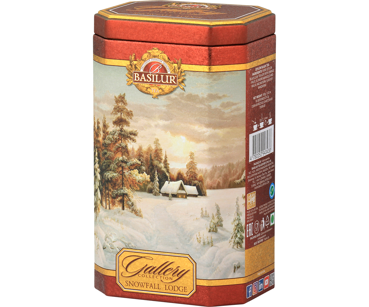 Puszka Basilur Snowfall Lodge z motywem ośnieżonego lasu i chatki – elegancka herbata czarna Ceylon.