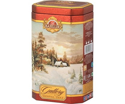 Puszka Basilur Snowfall Lodge z motywem ośnieżonego lasu i chatki – elegancka herbata czarna Ceylon.