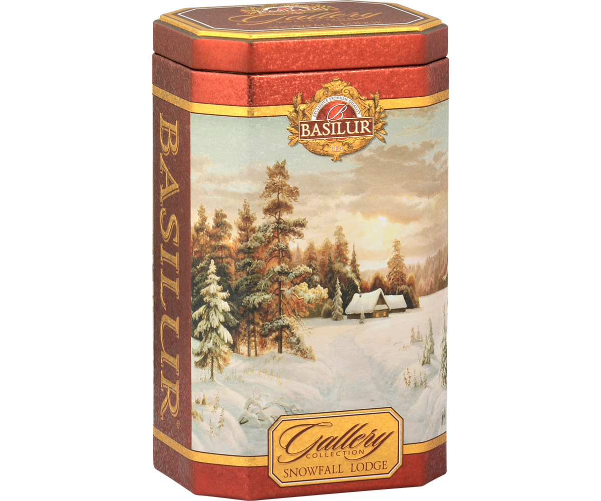 Zbliżenie na puszkę Basilur Gallery Collection Snowfall Lodge – herbata premium w świątecznym stylu.