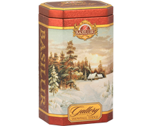 Zbliżenie na puszkę Basilur Gallery Collection Snowfall Lodge – herbata premium w świątecznym stylu.