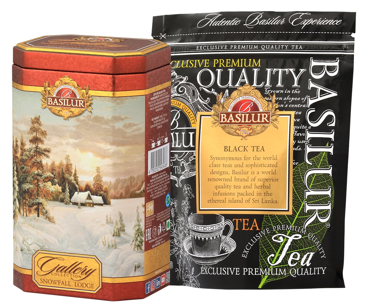 Zestaw Basilur Snowfall Lodge z czarną herbatą w torebce foliowej – klasyczna herbata cejlońska najwyższej jakości.