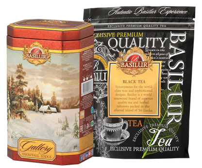 Zestaw Basilur Snowfall Lodge z czarną herbatą w torebce foliowej – klasyczna herbata cejlońska najwyższej jakości.
