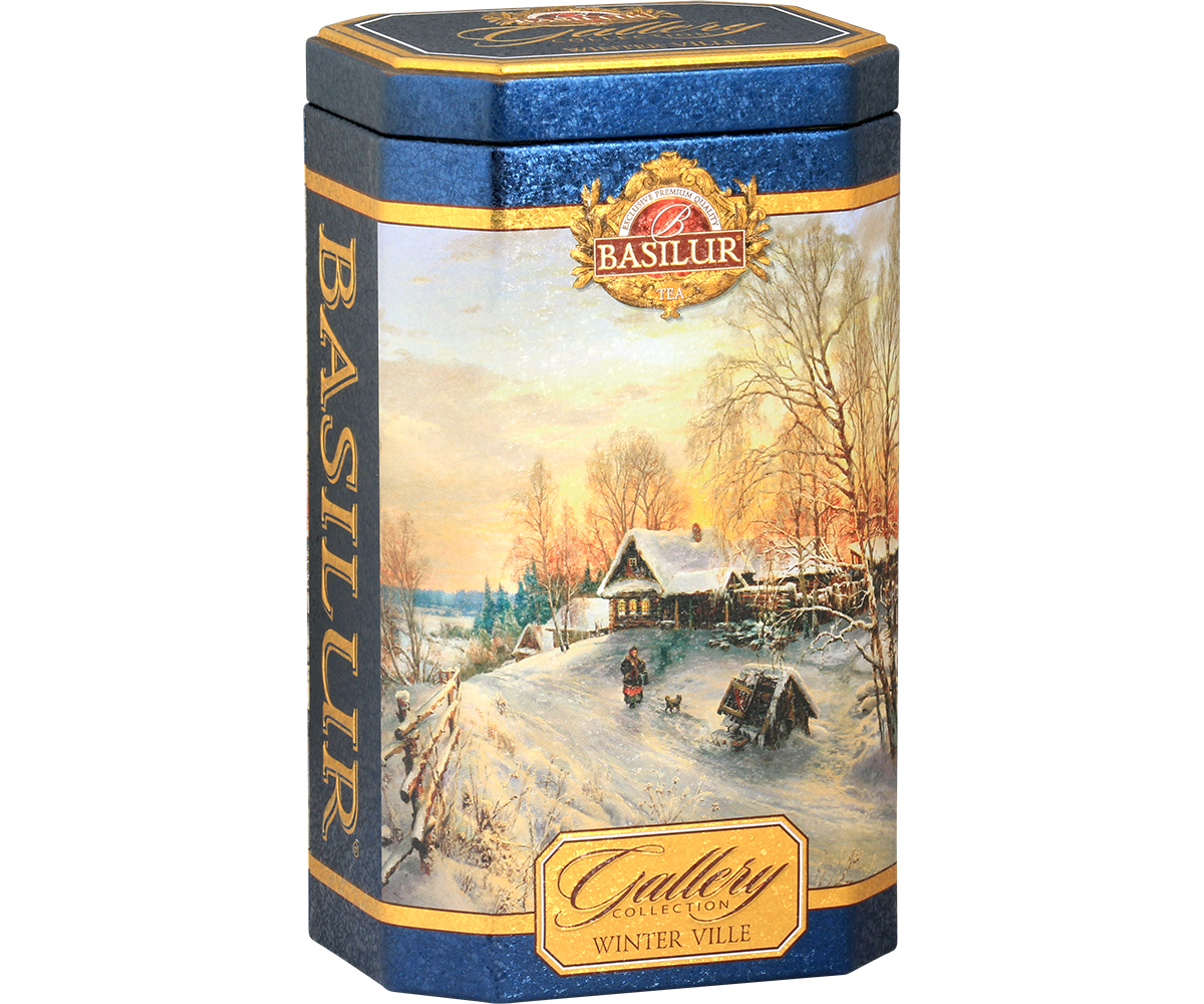 Herbata Basilur Winter Ville w ozdobnej granatowej puszce z zimowym pejzażem – czarna herbata cejlońska.