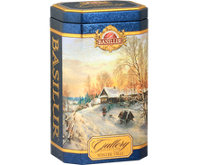 Herbata Basilur Winter Ville w ozdobnej granatowej puszce z zimowym pejzażem – czarna herbata cejlońska.