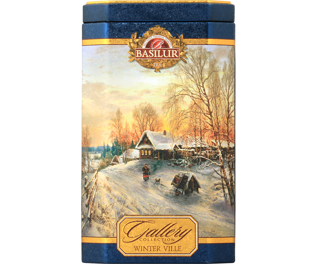 Puszka Basilur Winter Ville z ilustracją wsi zimą – elegancka herbata czarna Ceylon.