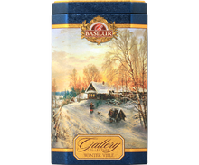 Puszka Basilur Winter Ville z ilustracją wsi zimą – elegancka herbata czarna Ceylon.
