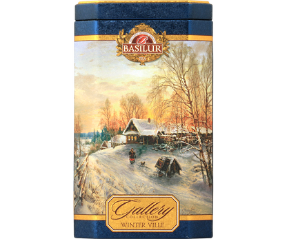Puszka Basilur Winter Ville z ilustracją wsi zimą – elegancka herbata czarna Ceylon.