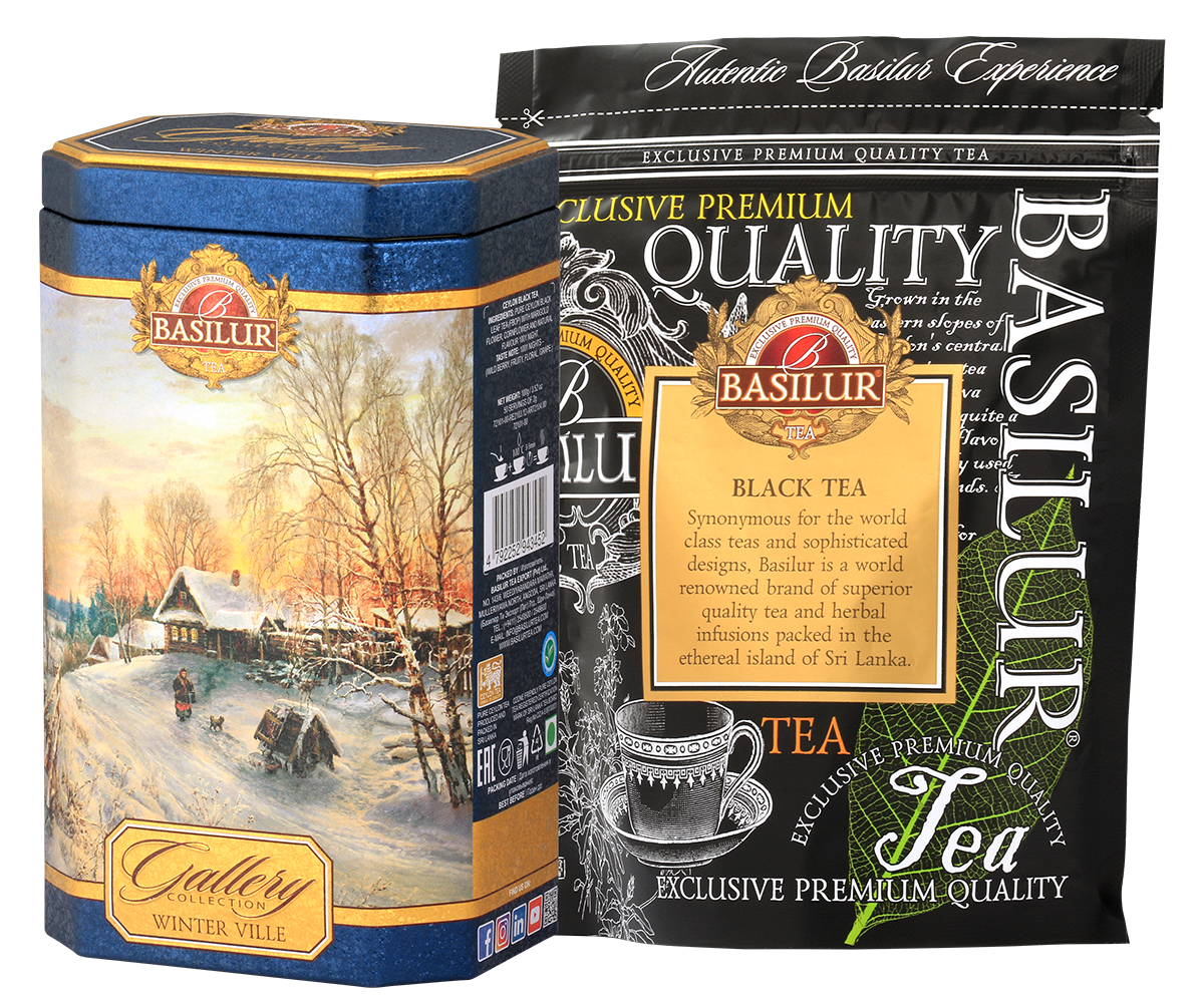 Zbliżenie na puszkę Basilur Gallery Collection Winter Ville – herbata premium w kolekcjonerskim opakowaniu.