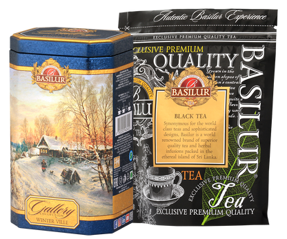 Zbliżenie na puszkę Basilur Gallery Collection Winter Ville – herbata premium w kolekcjonerskim opakowaniu.