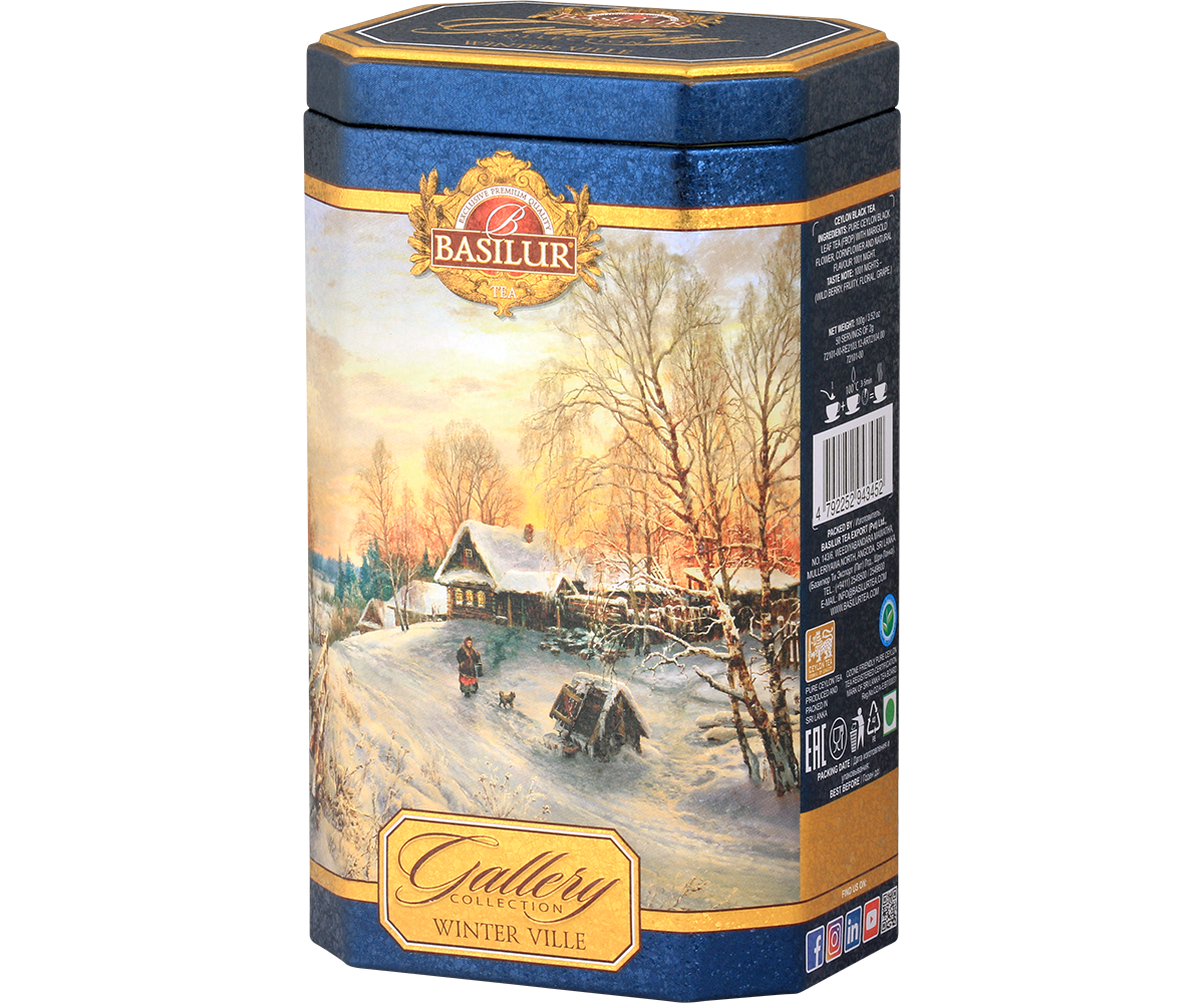 Zestaw Basilur Winter Ville z czarną herbatą w foliowym opakowaniu – klasyczna herbata cejlońska wysokiej jakości.