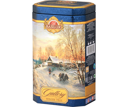 Zestaw Basilur Winter Ville z czarną herbatą w foliowym opakowaniu – klasyczna herbata cejlońska wysokiej jakości.