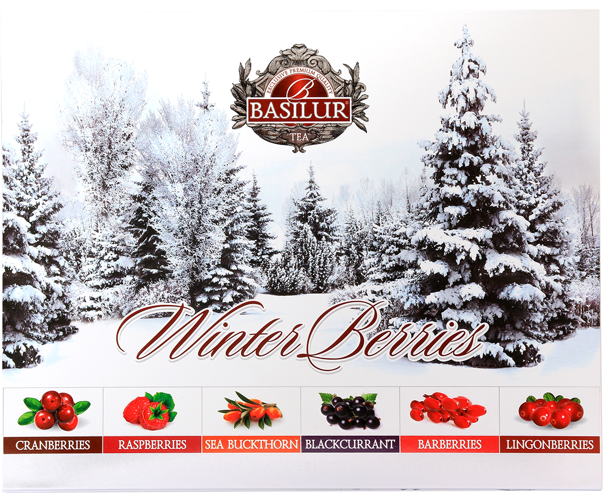 Zestaw herbat Basilur Winter Berries w ozdobnym pudełku z zimowym motywem lasu – herbaty owocowe czarna herbata Ceylon.
