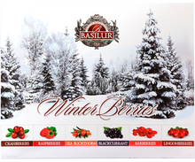 Zestaw herbat Basilur Winter Berries w ozdobnym pudełku z zimowym motywem lasu – herbaty owocowe czarna herbata Ceylon.