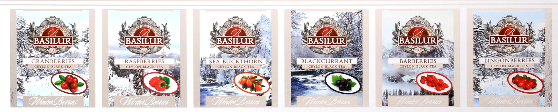 Saszetki herbat Basilur Winter Berries o smakach owoców leśnych – żurawina, malina, rokitnik, czarna porzeczka, berberys i borówka brusznica.