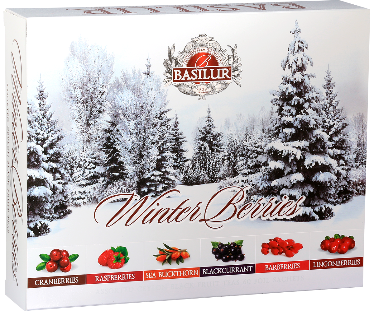 Herbata Basilur Winter Berries w białym pudełku z zimową grafiką – aromatyczna herbata cejlońska z owocami.