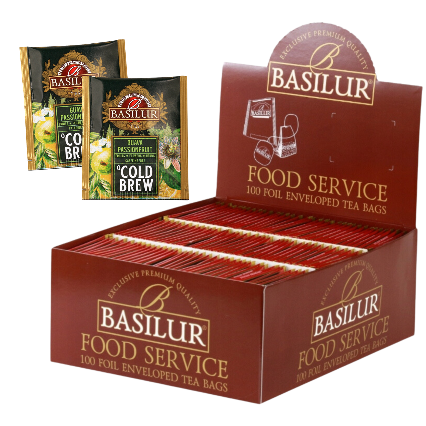 Zestaw Basilur Guava Passionfruit Cold Brew 100 saszetek w brązowym opakowaniu.