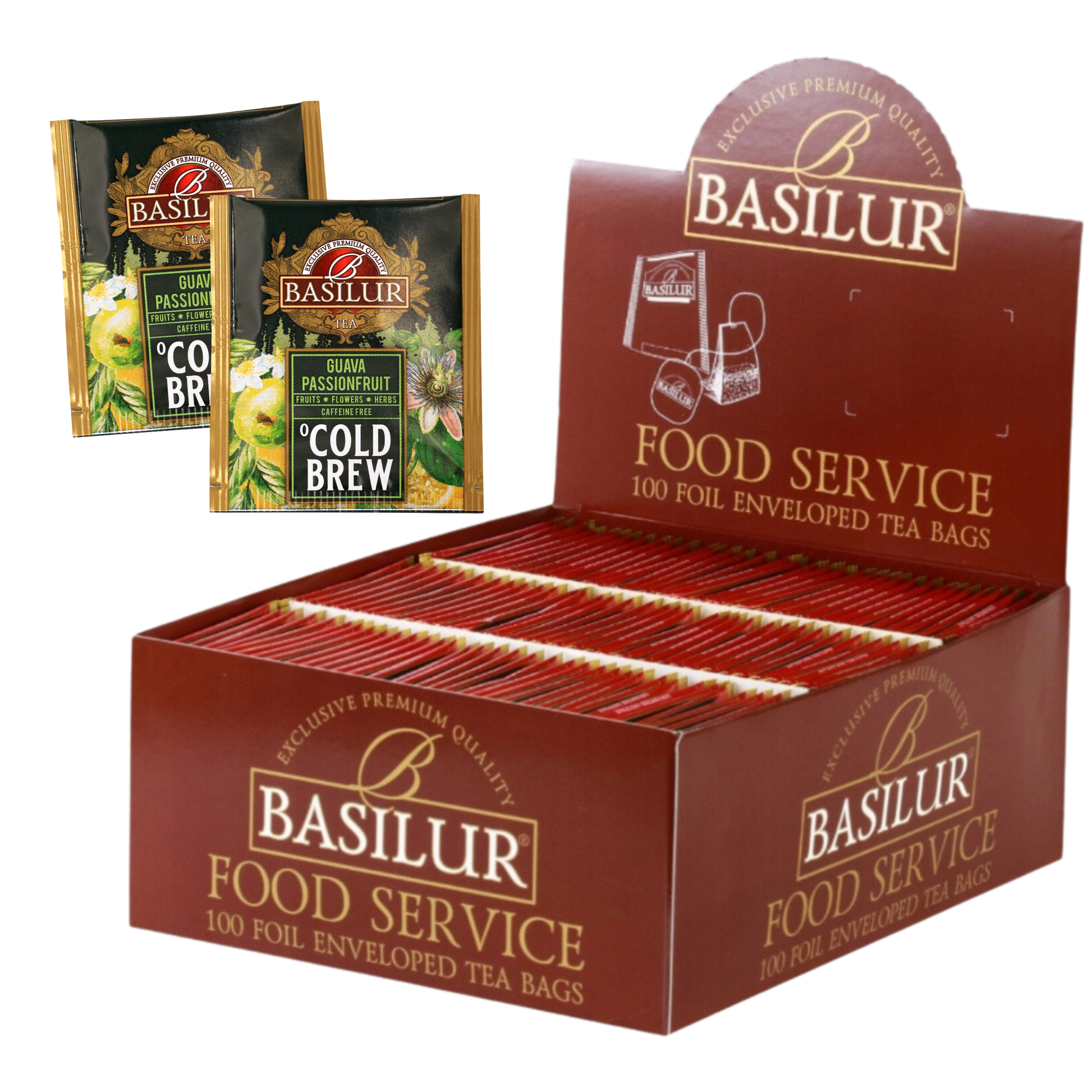 Zestaw Basilur Guava Passionfruit Cold Brew 100 saszetek w brązowym opakowaniu.