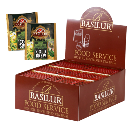 Zestaw Basilur Guava Passionfruit Cold Brew 100 saszetek w brązowym opakowaniu.