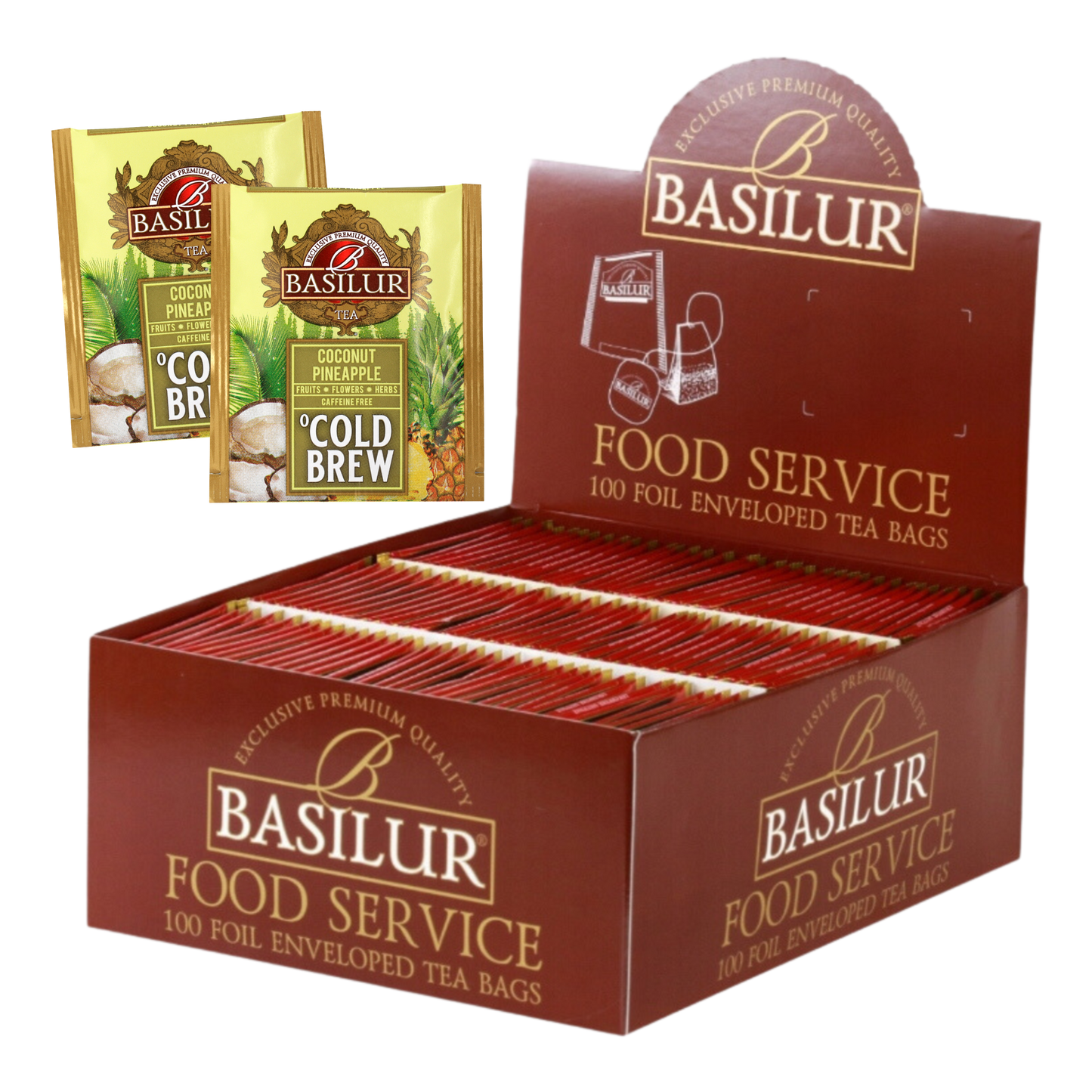 Zestaw Basilur Coconut Pineapple Cold Brew 100 saszetek w brązowym pudełku.