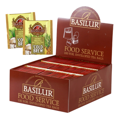 Zestaw Basilur Coconut Pineapple Cold Brew 100 saszetek w brązowym pudełku.