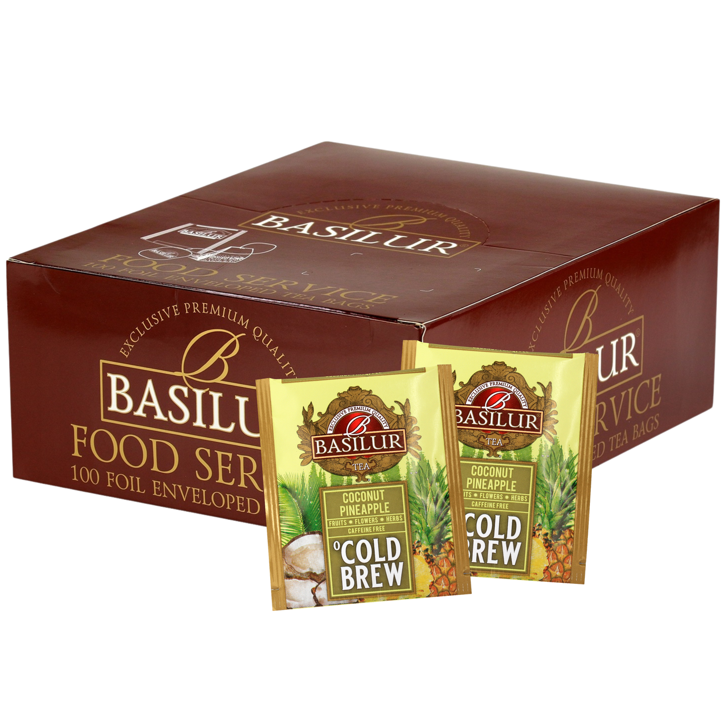 Ekspozytor Basilur Cold Brew Coconut Pineapple z herbatami owocowymi bez kofeiny.