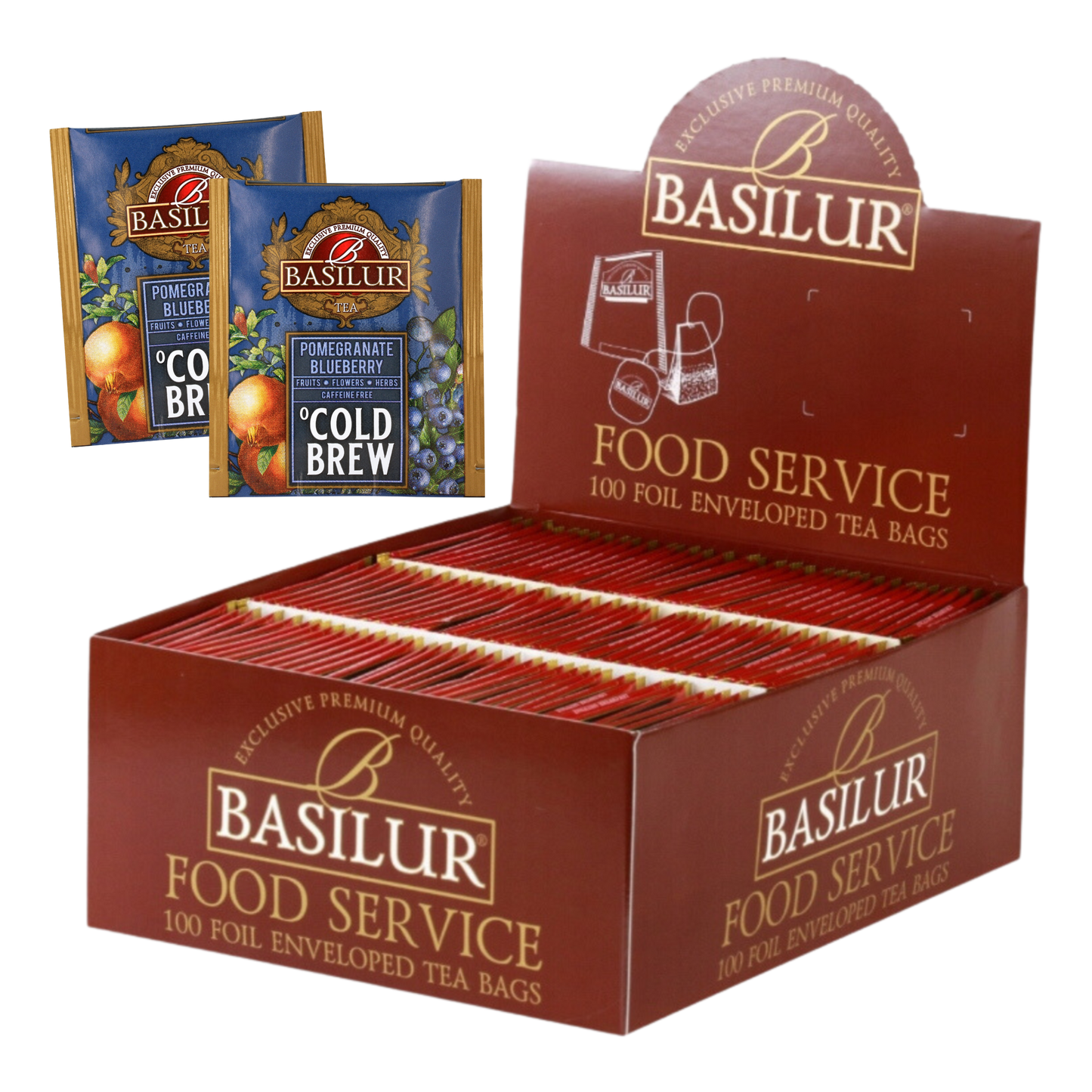 Zestaw Basilur Pomegranate Blueberry Cold Brew 100 saszetek w brązowym opakowaniu.