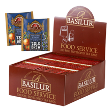 Zestaw Basilur Pomegranate Blueberry Cold Brew 100 saszetek w brązowym opakowaniu.