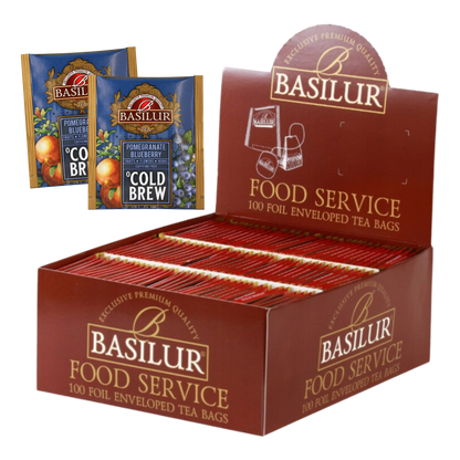 Zestaw Basilur Pomegranate Blueberry Cold Brew 100 saszetek w brązowym opakowaniu.