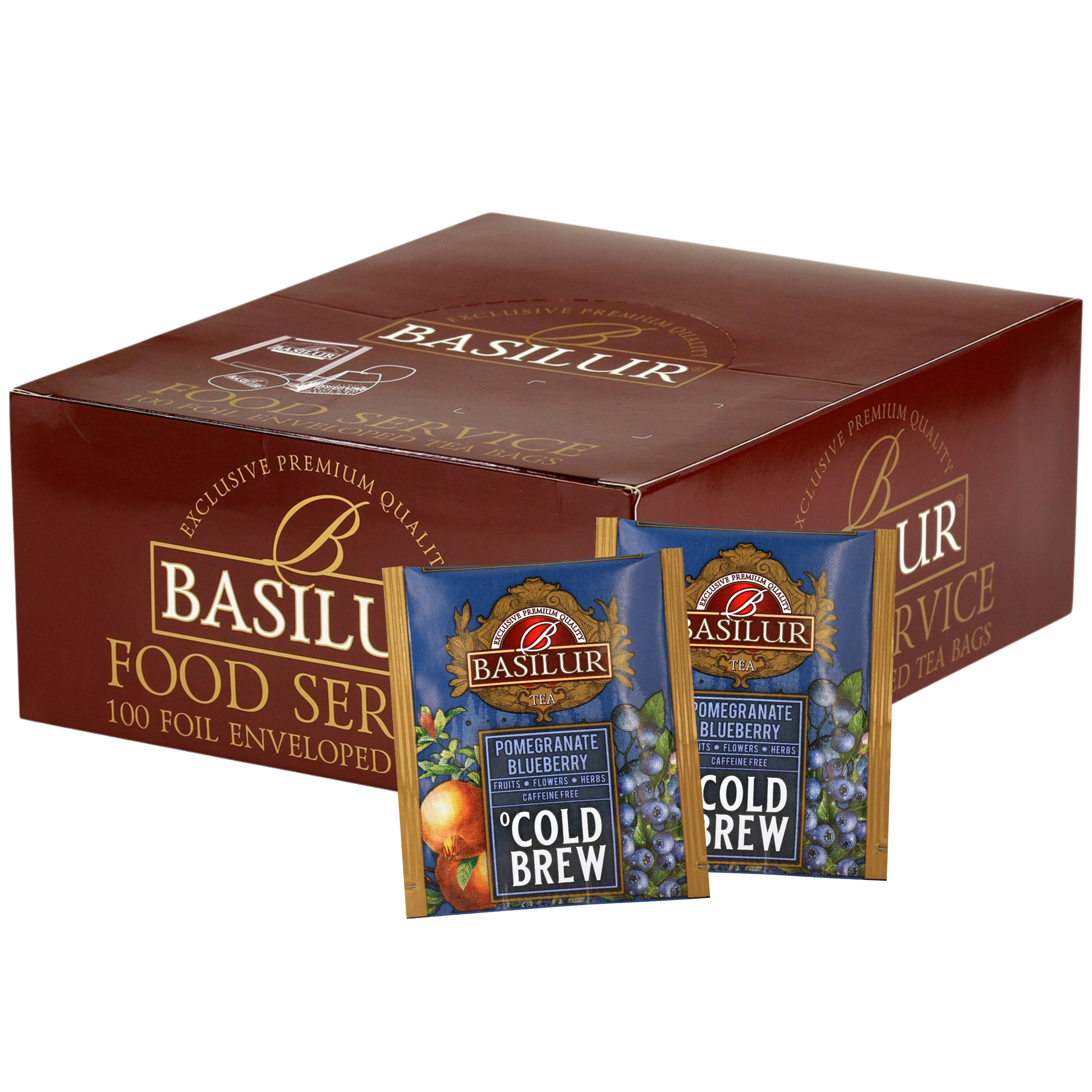 Ekspozytor Basilur Cold Brew Pomegranate Blueberry z owocową herbatą bez kofeiny.