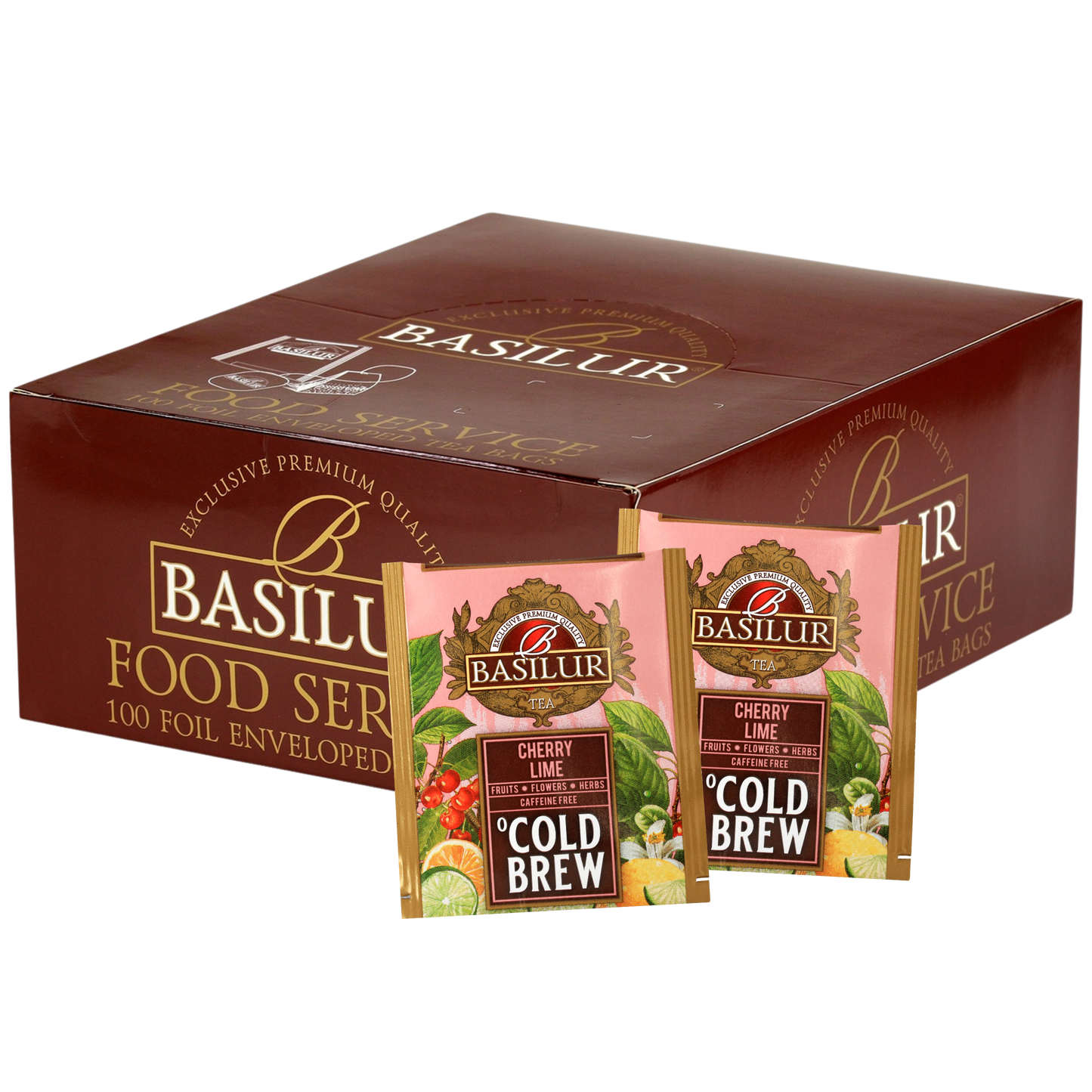 Zestaw Basilur Cherry Lime Cold Brew 100 saszetek w brązowym pudełku.
