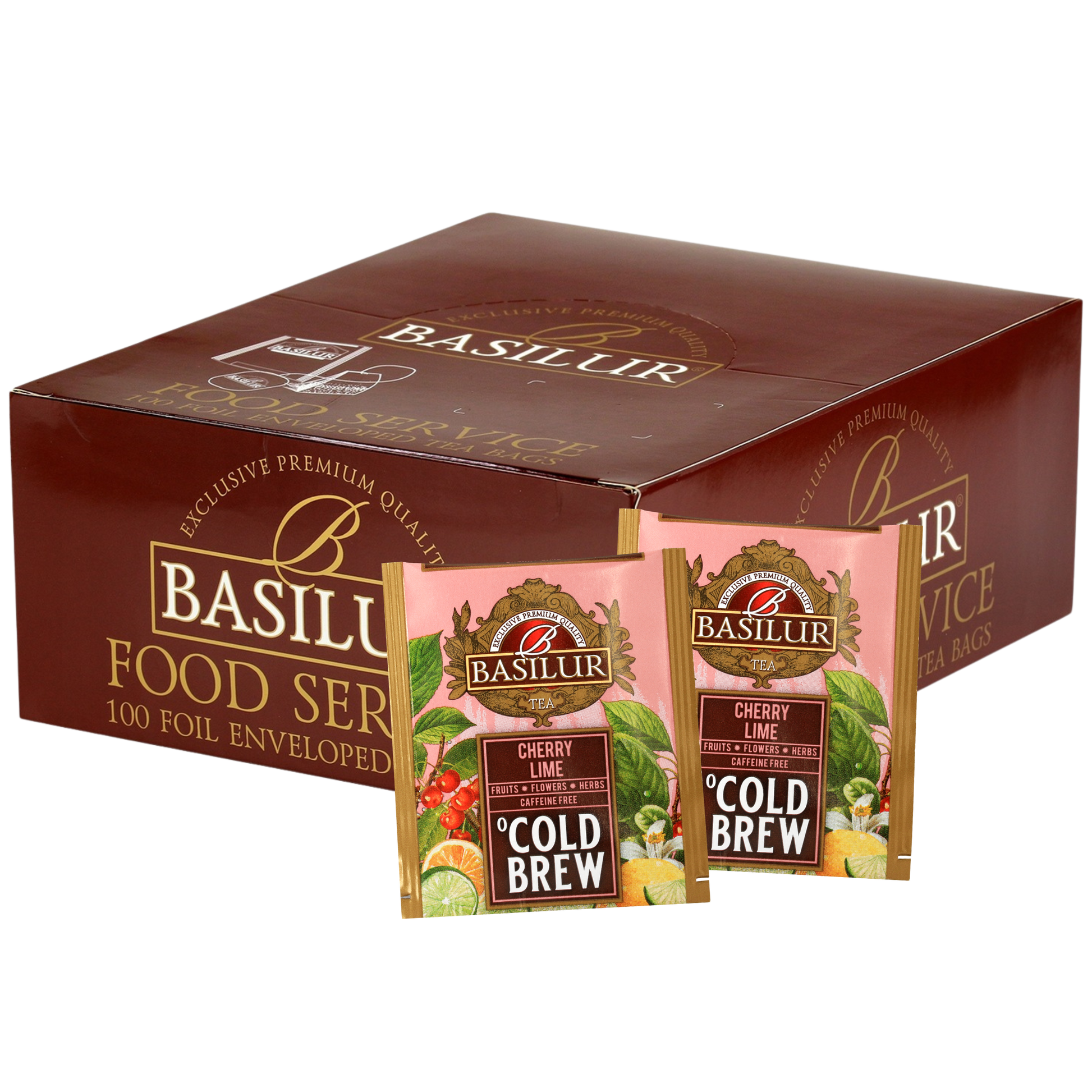 Zestaw Basilur Cherry Lime Cold Brew 100 saszetek w brązowym pudełku.