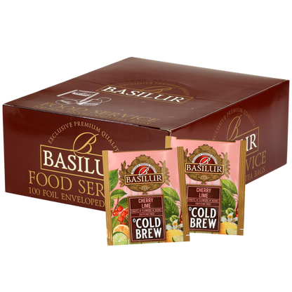 Zestaw Basilur Cherry Lime Cold Brew 100 saszetek w brązowym pudełku.