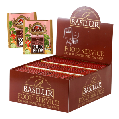 Ekspozytor Basilur Cold Brew Cherry Lime z herbatami owocowymi bez kofeiny.