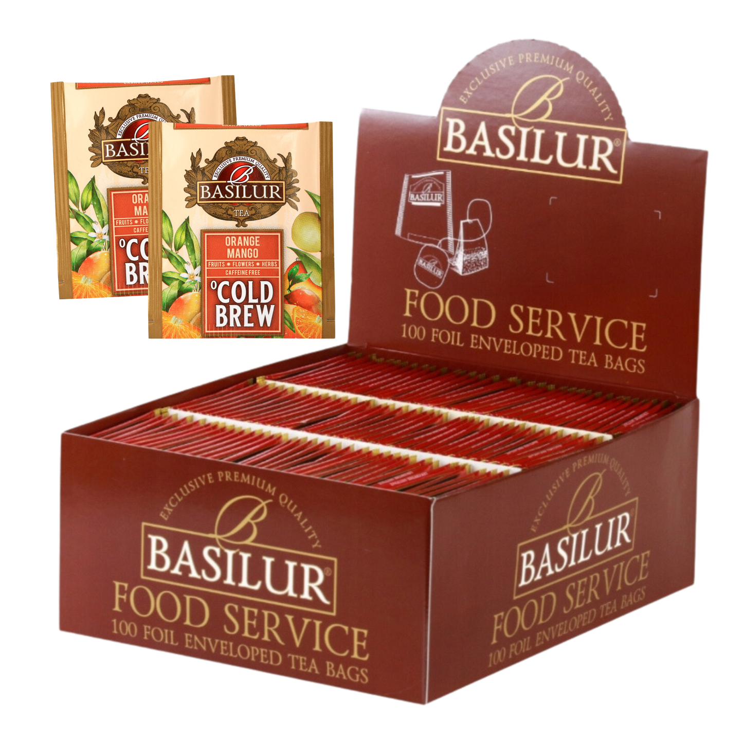 Zestaw Basilur Orange Mango Cold Brew 100 saszetek w brązowym pudełku.