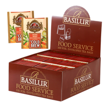 Zestaw Basilur Orange Mango Cold Brew 100 saszetek w brązowym pudełku.