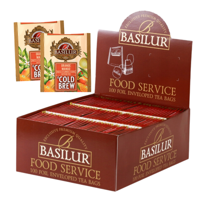 Zestaw Basilur Orange Mango Cold Brew 100 saszetek w brązowym pudełku.