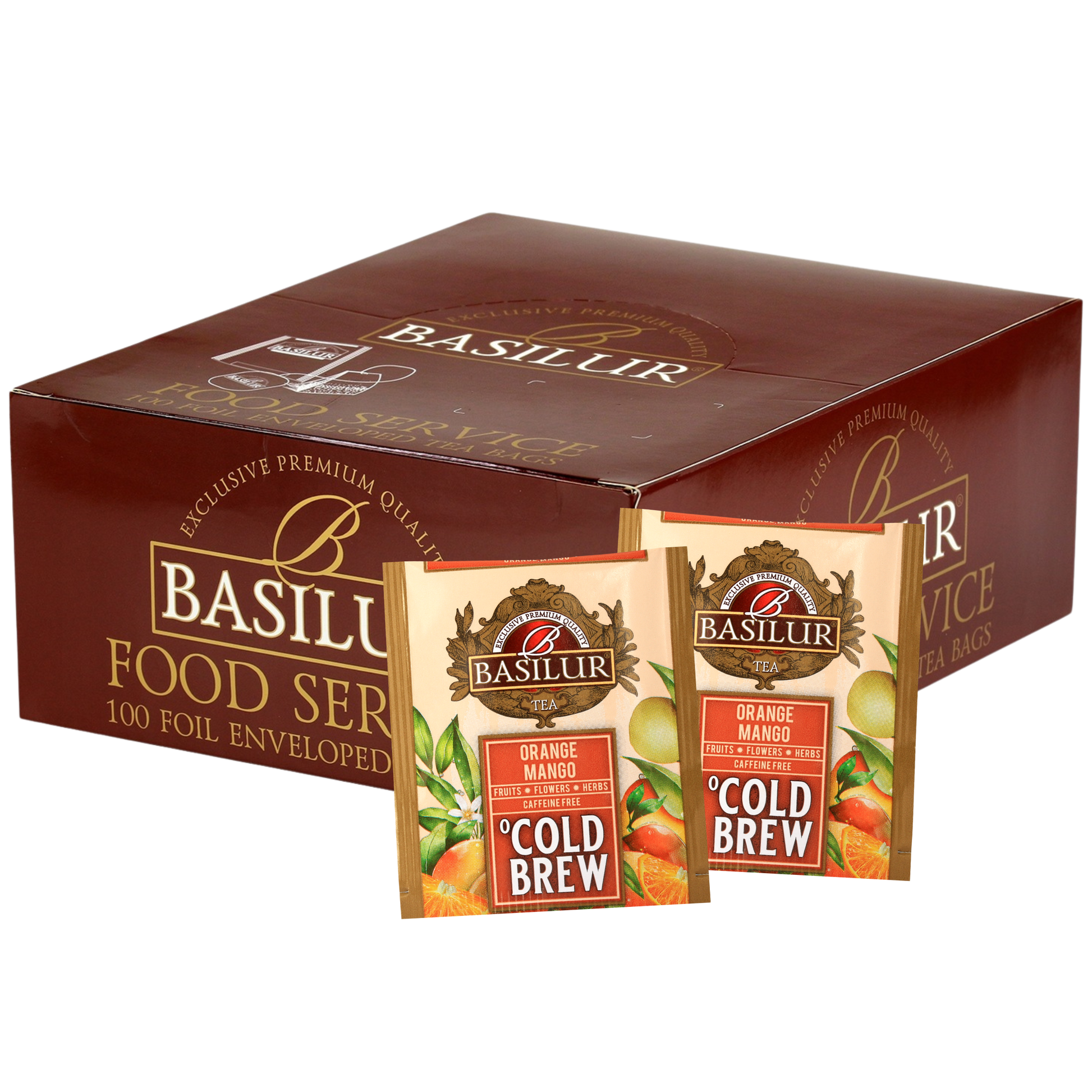 Ekspozytor Basilur Cold Brew Orange Mango z herbatami owocowymi bez kofeiny.