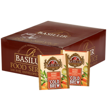 Ekspozytor Basilur Cold Brew Orange Mango z herbatami owocowymi bez kofeiny.