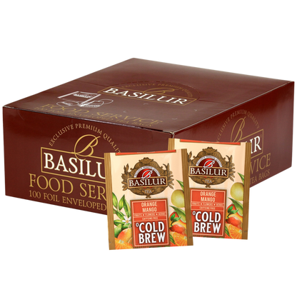 Ekspozytor Basilur Cold Brew Orange Mango z herbatami owocowymi bez kofeiny.