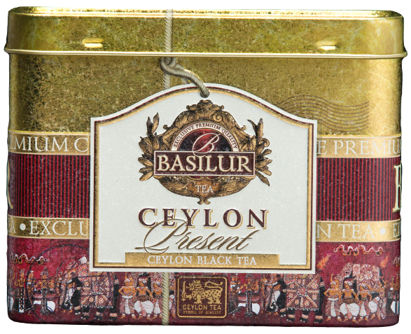 Herbata Basilur Ceylon Present w złoto-bordowej puszce – klasyczna czarna herbata cejlońska.