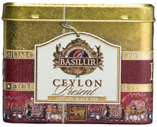 Herbata Basilur Ceylon Present w złoto-bordowej puszce – klasyczna czarna herbata cejlońska.
