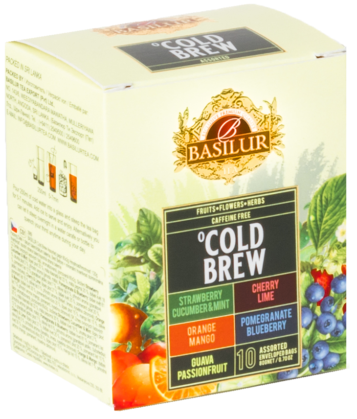 Przód opakowania Basilur Cold Brew z listą smaków herbat owocowych bez kofeiny.