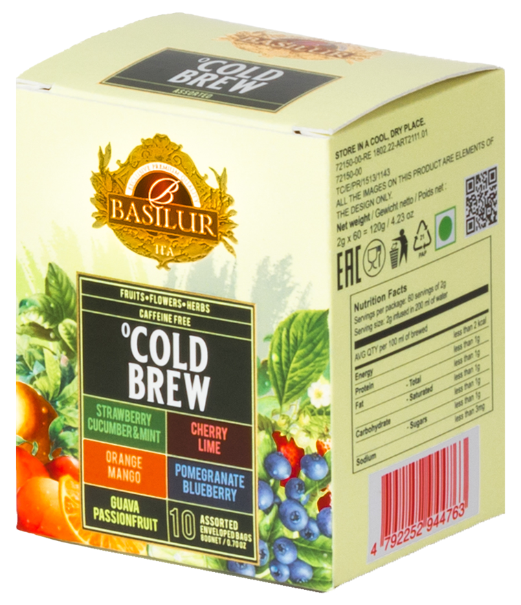 Bok opakowania Basilur Cold Brew z informacjami o składzie i wartościach odżywczych.